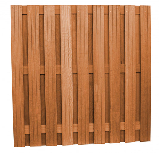 Hardhouten geschaafd plankenscherm 20-planks 14 mm, recht verticaal, 180 x 180 cm, betonsysteem.